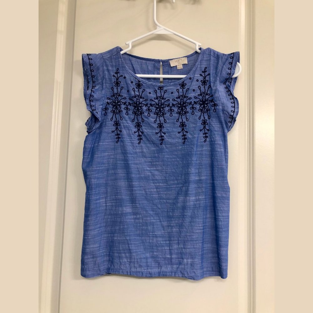 LOFT Chambray Embroidered Flutter Top